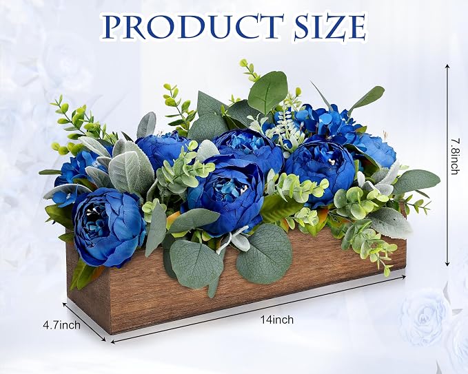Royal Blue Flower Centerpieces for Table, Pre-Made Artificial Peony Hydrangea Centerpieces for Dining Table Wood Flowers Centerpieces for Wedding Graduation Living Room Party Bar Kitchen Table