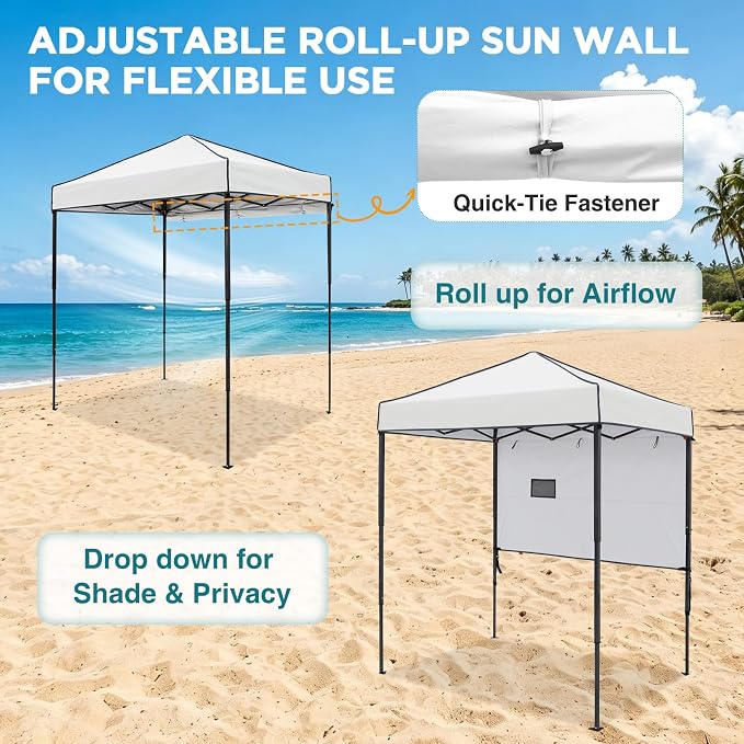 EAGLE PEAK 6x4 Instant Pop Up Canopy Tent with 1 Half Wall Panel, Straight Leg Sun Shelter, Portable Canopy with Carry Bag for Camping, Beach & Sports, White