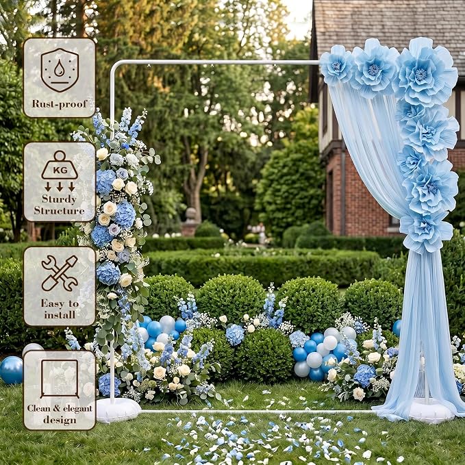 GOJIAWAY 7.2ft White Square Backdrop Stand, Metal Frame,2 Water Bags Base | Adjustable Height 4–7.2ft, Rust-Resistant, Quick Snap Assembly, Stability, for Wedding, Photo, birthday party, balloon arch