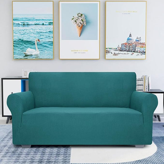 JIVINER High Stretch 1-Piece Jacquard Small Checks Couch Covers for 2 Cushion Couch Anti Slip Love Seat Sofa Covers Loveseat Slipcovers Protector for Kids Pets (Loveseat, Blakish Green)