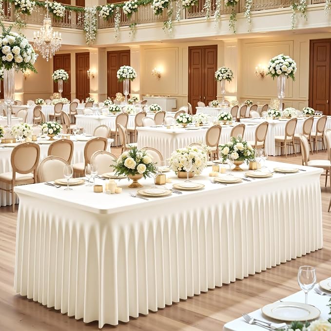 8ft Ivory Spandex Table Cloths for Rectangle Tables Wrinkle Free Ivory Rectangle Tablecloths, Stretch Fitted Table Cover with Skirt for Wedding Birthday Party Banquet Baby Shower Buffet Event