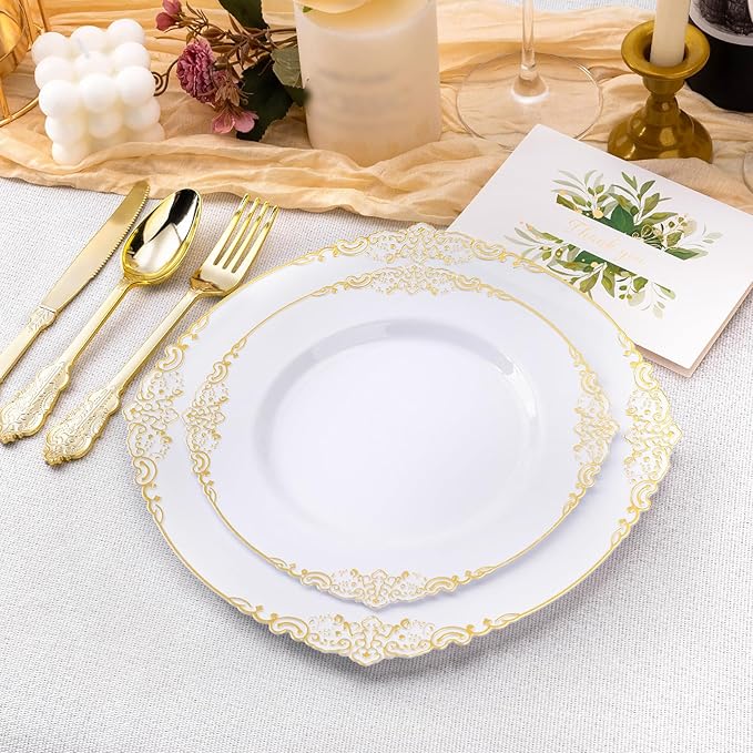 Bestluck 200 PCS White and Gold Plastic Plates for 100 Guests, Gold Disposable Plates Include 100 PCS Dinner Plates, 100 PCS Dessert Plates for Party, Wedding and Graduation
