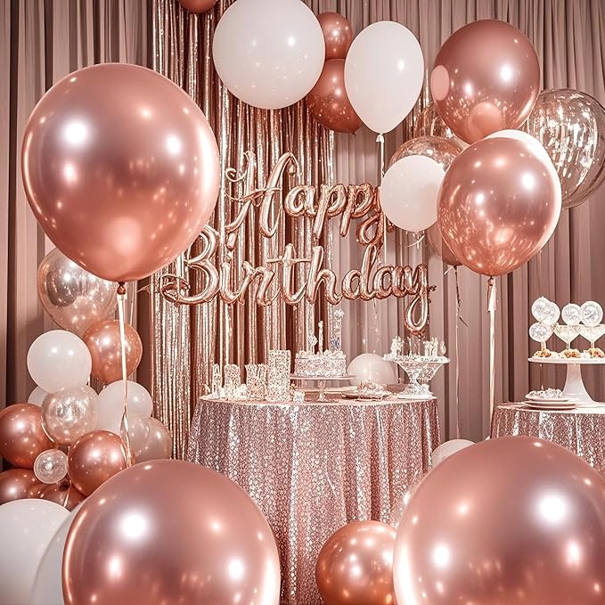 118 PCS Rose Golden Happy Birthday Party Balloons Set for Girl Women | with Sparkle Rose Golden Foil Fringe Curtains, 18 inch Big Balloons, Confetti Balloons