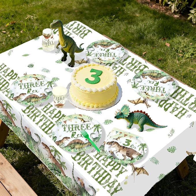 170Pcs Dinosaur 3rd Birthday Party Supplies Three Rex Dinosaur Plates Napkins Cups Forks Knives Spoons Tablecloths Watercolor 3 Rex Tableware Set for Boy Dino 3 Year Old Birthday Decorations Serves 24