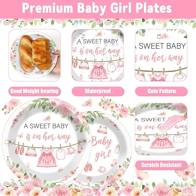 96Pcs Floral Baby Girl Baby Shower Plates and Napkins Decoration Pink Girl Party Tableware Dinnerware Set Rose Gold Paper Plates for Babies Girls Gender Reveal Party Supplies Serves 24 Guests