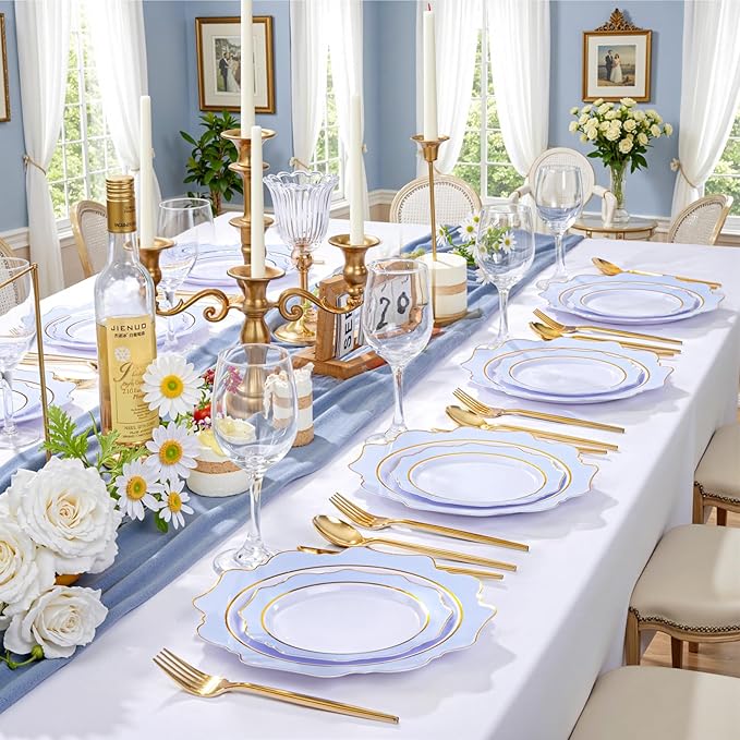 WDF 100PCS Blue Plastic Plates - Light Blue Plates Disposable - Heavy Duty Scalloped Plastic Plate for Parties/Wedding/Baby Shower