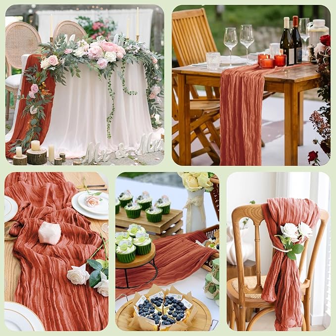 3PCS Table Runner Cheesecloth 10FT Terracotta Boho Gauze Cheese Cloth Rustic Sheer Table Runners for Wedding Bridal Baby Shower Party Decoration