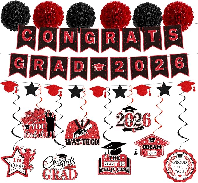 Rakuto Red and Black Graduation Decorations, Congrats Grad 2026 Banners with Hanging Swirs Party Decoration, Class of 2026 Graduation Paper Pom Poms Decor for College Grad Supplies
