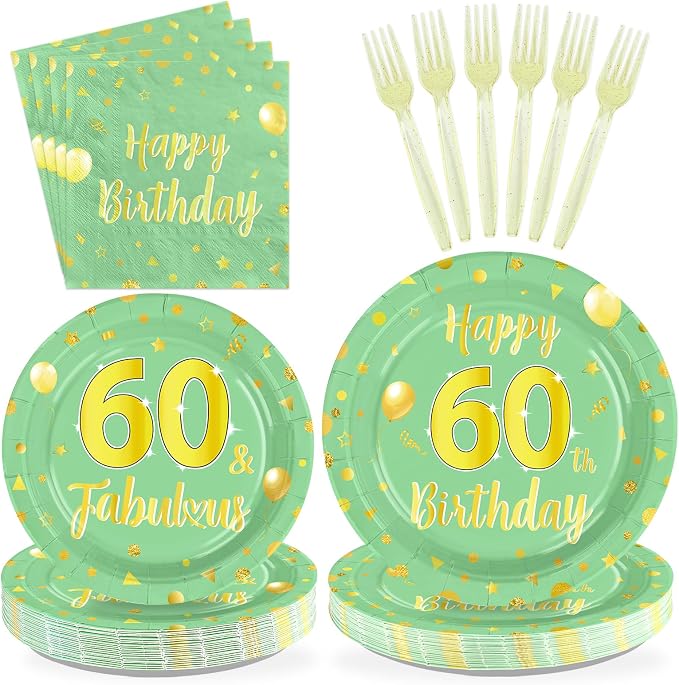 96 Pcs 60th Birthday Decorations for Women Green and Gold 60th Birthday Plates and Napkins Sage Green Tableware Set for Women Men 60 Years Old Party Supplies, Serves 24