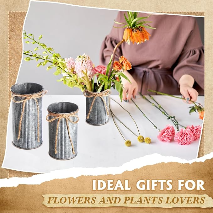 Zonon 9 Pcs Farmhouse Vase Decor with Twine Bow 4.33" Galvanized Flower Bucket 5.91" Metal Pots 7.09" Rustic Decorated Vases for Artificial Flowers Home Table Weddings Decor (Black)