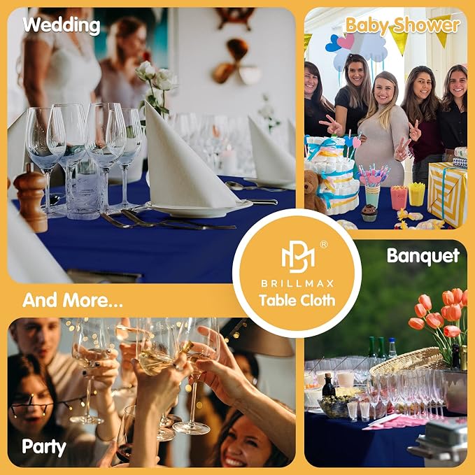 BRILLMAX 8 Pack Navy Blue Tablecloths 60 x 102 Inch for 6ft Rectangle Tables - 150 GSM Polyester Fabric, 15" Standard Drop, Water, Stain & Wrinkle Resistant Cloth Cover for Wedding Dining Buffet