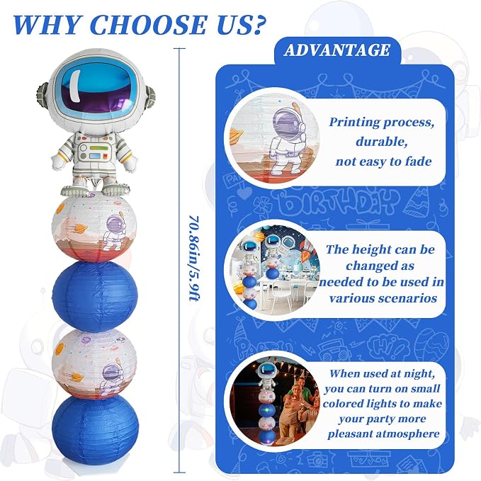 Astronaut Balloons Column Stand Kit And Paper Lantern 2 Sets 5.9 Feet with Reusable Metal Telescopic Design， For Outer Space Themed Parties, Birthday