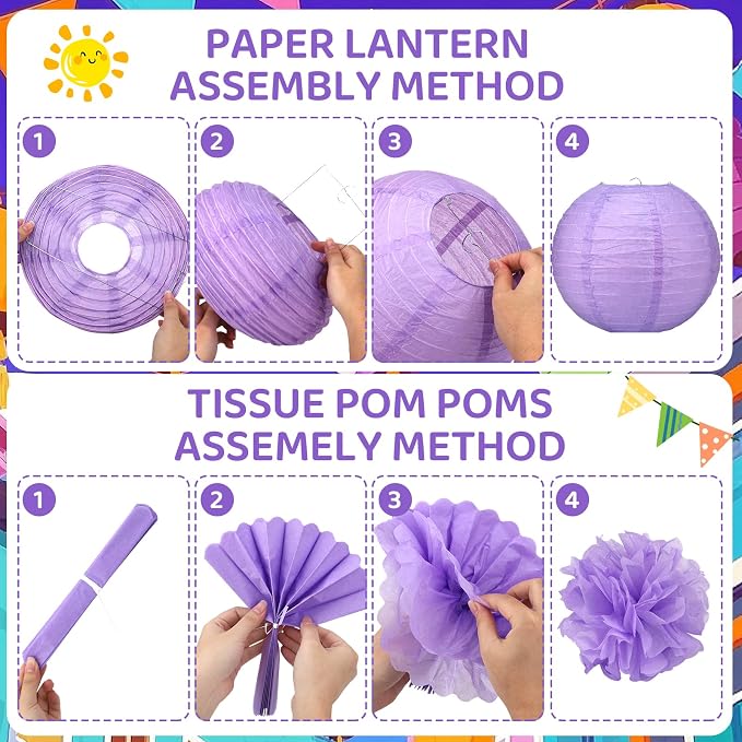 18pcs Purple Paper Lanterns Decoration Purple White Lavender Hanging Décor Pom Poms Paper Flower Party Supply for Baby Shower Wedding Valentine Birthday Party