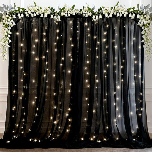 Ledido 10×10ft Black Tulle Backdrop Curtains with Lights String - 300LED Fairy Lights Sheer Curtain Backdrop for Wedding Baby Shower Photo Shoot Birthday Party Decoration(2 Panels 5×10ft)，Black