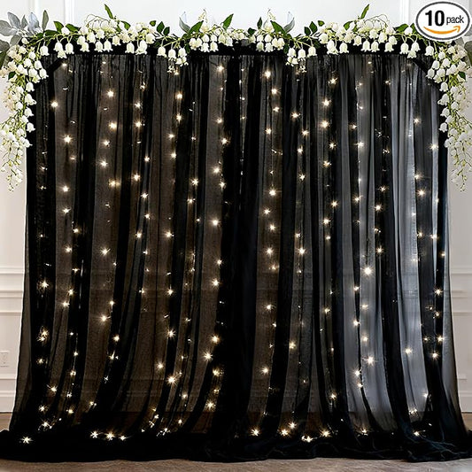 Ledido 3 Pack 10×8ft Black Tulle Backdrop Curtains with Lights String - 900LED Fairy Lights Sheer Curtain Backdrop for Wedding Baby Shower Photo Shoot Birthday Party Decoration(6 Panels 5×8ft)，Black