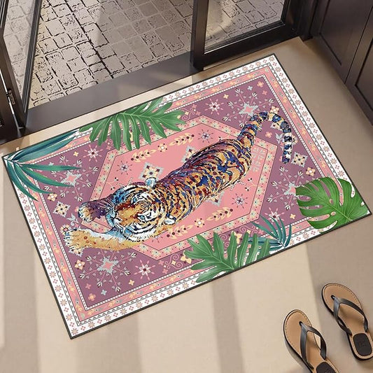 Tiger Rug 2' x 3' Animal Area Rugs Boho Vintage Tropical Jungle Doormat Botanical Leaf Carpet Floor Mat for Kids Bedroom Living Room Nursery Entryway, Pink
