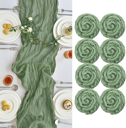 IVAPUPU 8 Pcs Cheesecloth Table Runner - 10ft Sage Green Spring Boho Gauze Cheese Cloth Table Runners for Baby Shower Decorations Wedding Party Garden Farmhouse