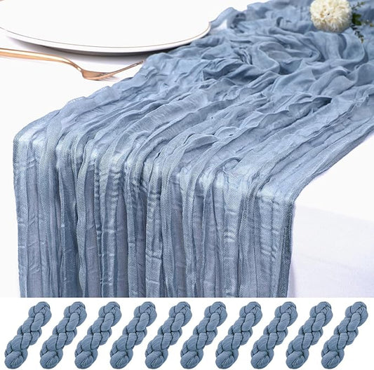 10 Pack Dusty Blue Cheesecloth Table Runner 17x108 Inch Semi Sheer Boho Rustic Gauze Cheese Cloth Table Runners for Wedding Party Birthday Baby Shower Home Décor