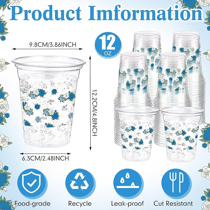 Funnymoom 60 Pack Blue Floral Plastic Cup 12 oz Wedding Flower Disposable Clear Plastic Blue White Flower Drinking Cups for Wedding Bridal Baby Shower Birthday Tea Party Decoration Supplies