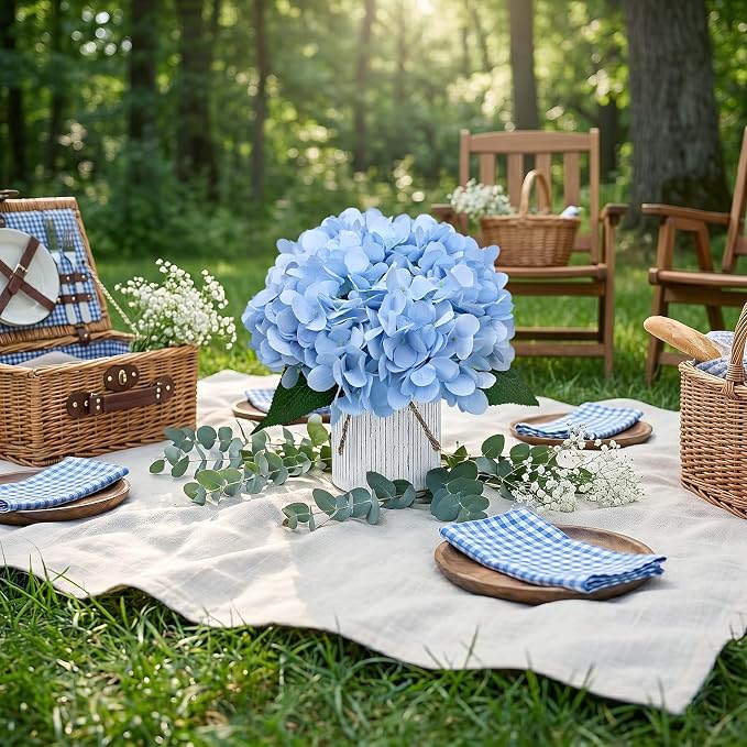Set of 6 Faux Flower Table Centerpieces - Light Blue Artificial Hydrangeas Floral Arrangement with Rustic Metal Vase for Anniversary Wedding Tea Party Event Decorations