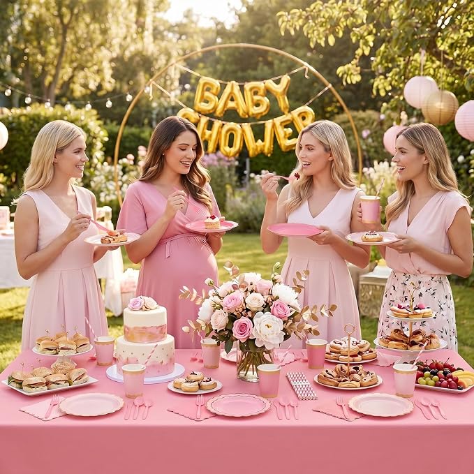 Vesici 452 Pcs Pink Party Supplies Set for 50 Guests 9'' 7'' Paper Plates Napkins Tablecloths 9 oz Cups Cutlery Straws Disposable Tableware for Girls Birthday Baby Shower Wedding Tea Party Decoration