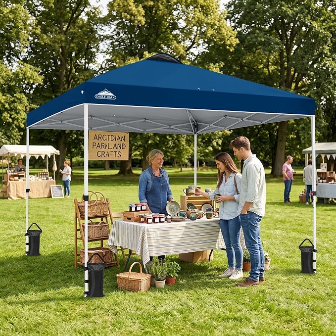 EAGLE PEAK Pop Up Canopy Tent with Wheeled Carry Bag, 8 Stakes, 4 Ropes, 4 Weight Bags, Easy Set Up Tent Canopy, 10x10 ft, 100sqft of Shade, Dark Blue