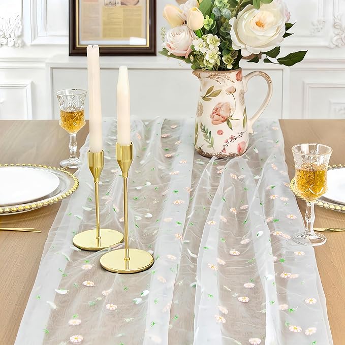 FEXIA Spring Table Runner 10FT Elegant Garden Tea Party Decor Pastel Embroidered Sheer Mesh Floral Gauze Summer Wedding & Easter Party Bridal Shower Living Room Styling Valentine Home Decor