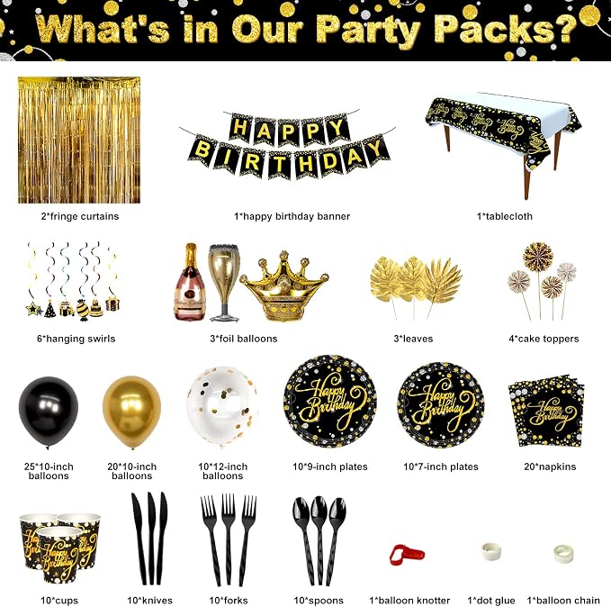 HJINGY Black and Gold Birthday Party Decorations, Happy Birthday Party Supplies for Men Women Includes Balloons, Curtains, Banner, Hanging Swirls, Tablecloth, Plates, Cake Toppers for Party