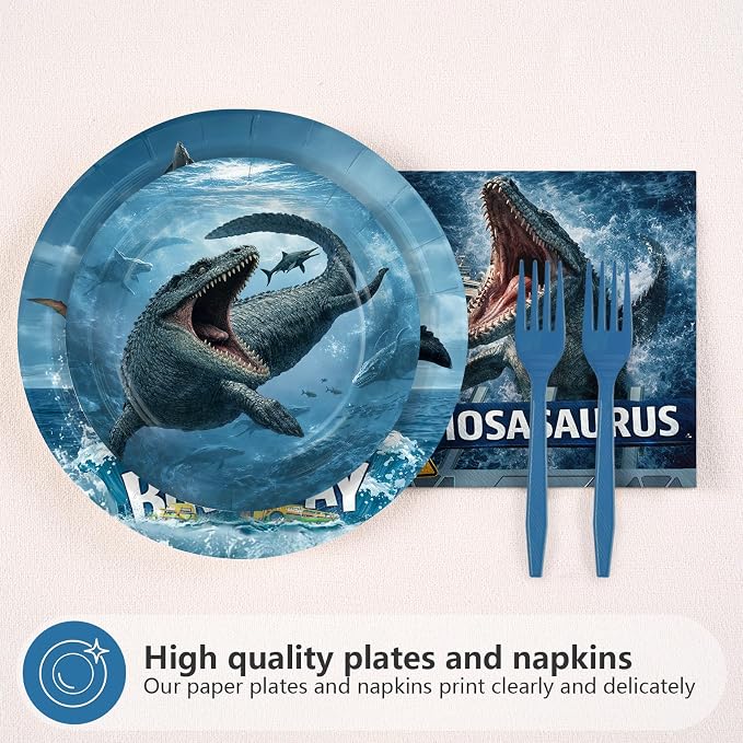 96 Pcs Mosasaurus Dinosaur Birthday Party Decoration Mosasaurus Themed Plates and Napkins Ocean Dinosaur Tableware Set for Kids Dino Birthday Baby Shower Party Supplies, Serves 24