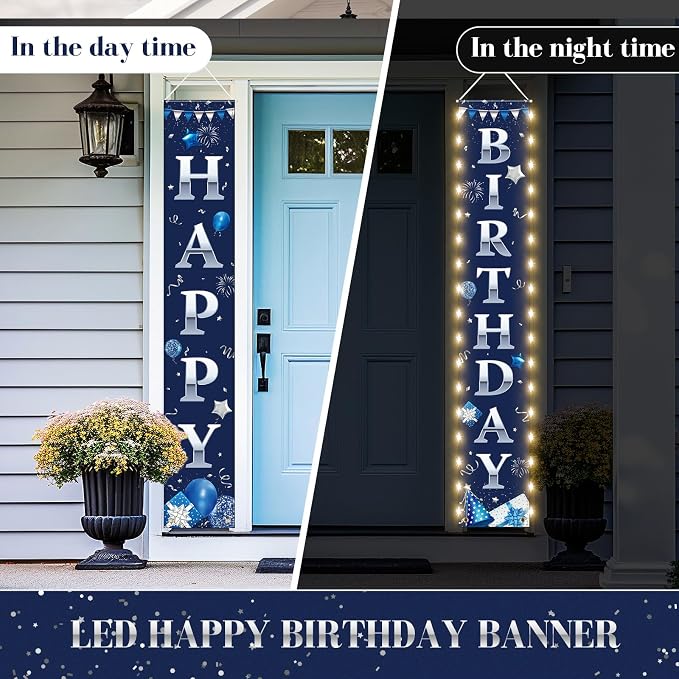 Breling Happy Birthday Banner with Lights 71 x 12 Inch LED Happy Birthday Decoration Door Banner Party Porch Sign Outdoor Indoor Hanging Supplies for Women Men(Blue Silver)
