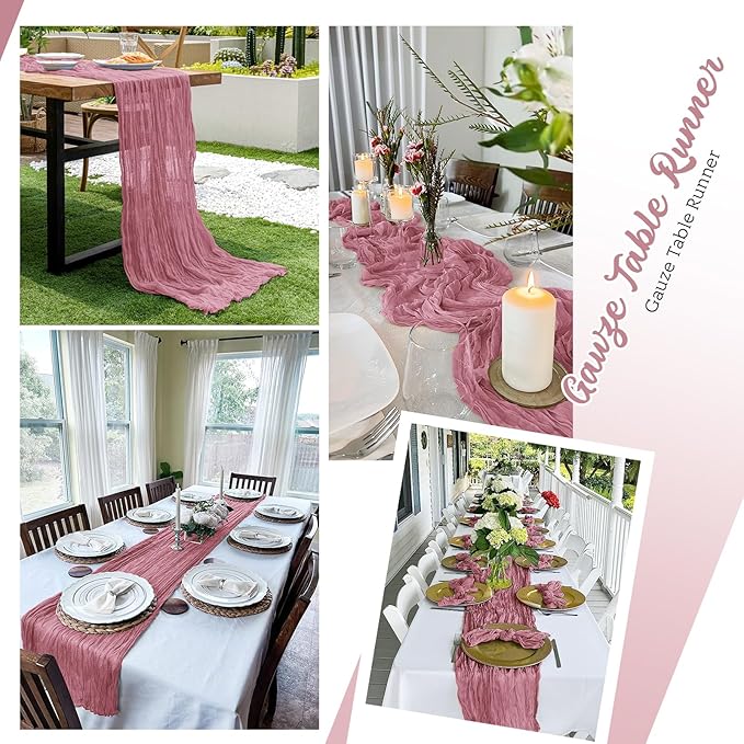 8 Pack Dusty Rose Cheesecloth Table Runners 20x120 Inch Gauze Table Runner 10FT Easter Cheese Cloth Table Runner Rustic Sheer Runner for Wedding Baby Shower Birthday Party Table Decor