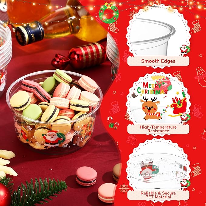 SiliFine 100 Pcs Christmas Plastic Bowls Bulk 12 oz Disposable Xmas Snack Bowls Clear Santa Cups for Christmas Party Serving, Salads, Fruit, Desserts, Parfaits, Snacks, Special Events