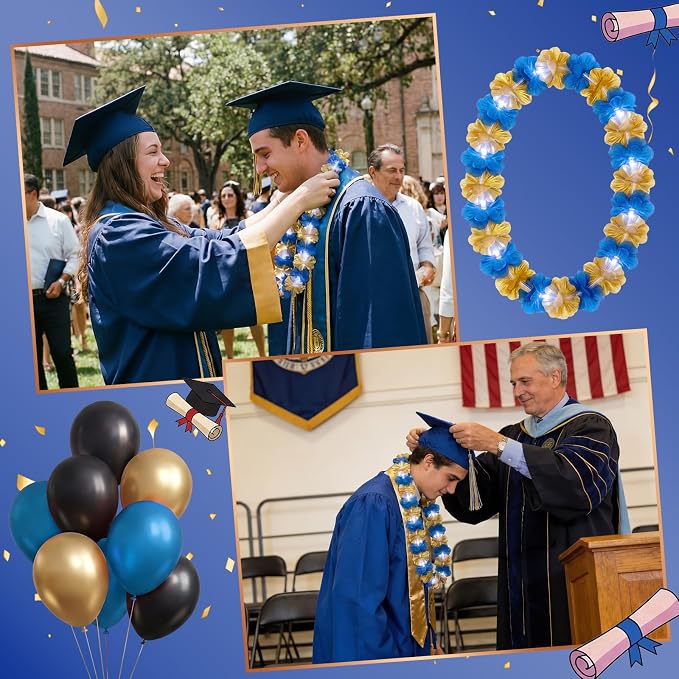 Sherr 48 Pcs Graduation LED Hawaiian Leis Class of 2026 Light Up Flower Leis Necklace with LED Lights Gold Blue Luau Flowers Necklaces for Graduation Party Decoration Supplies
