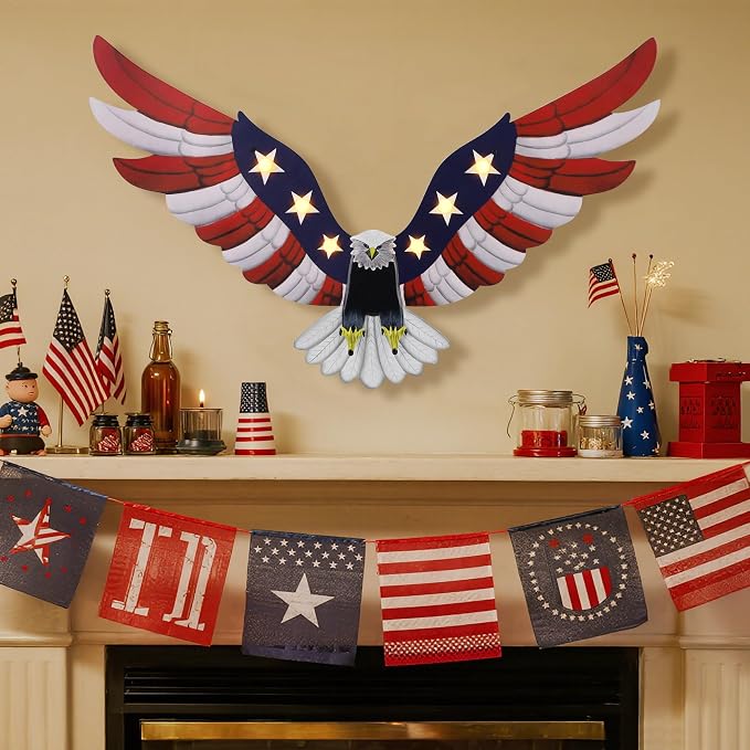 Adroiteet Lighted American Eagle 4th of July 250th Decorations Outdoor with Timer LED Lights Patriotic Metal Wall Art for Golf Cart Indoor Front Door American Flag Eagle Decor, 23.6" x 15.7"