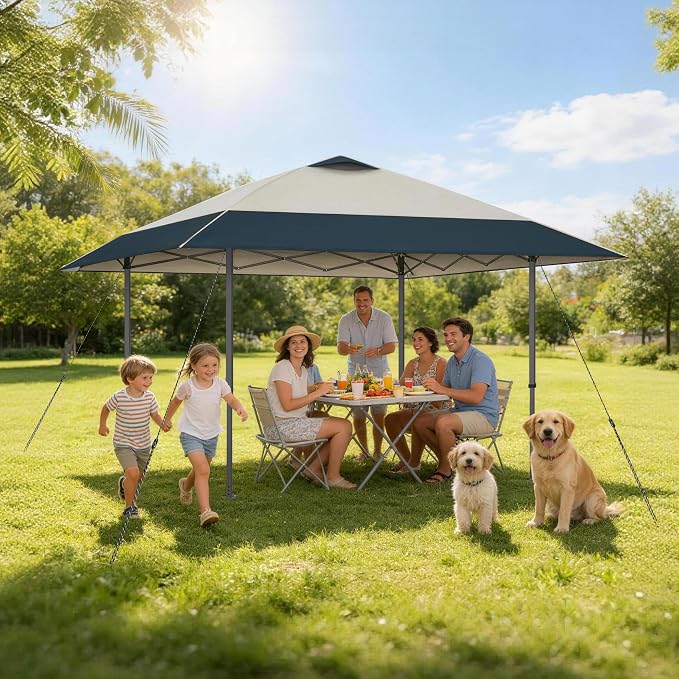 Explore Land 13x13 Pop Up Canopy with One Push Setup Heavy Duty Outdoor Sun Shade Tent for Beach,Camping,Events,Parties(Beige & Navy)