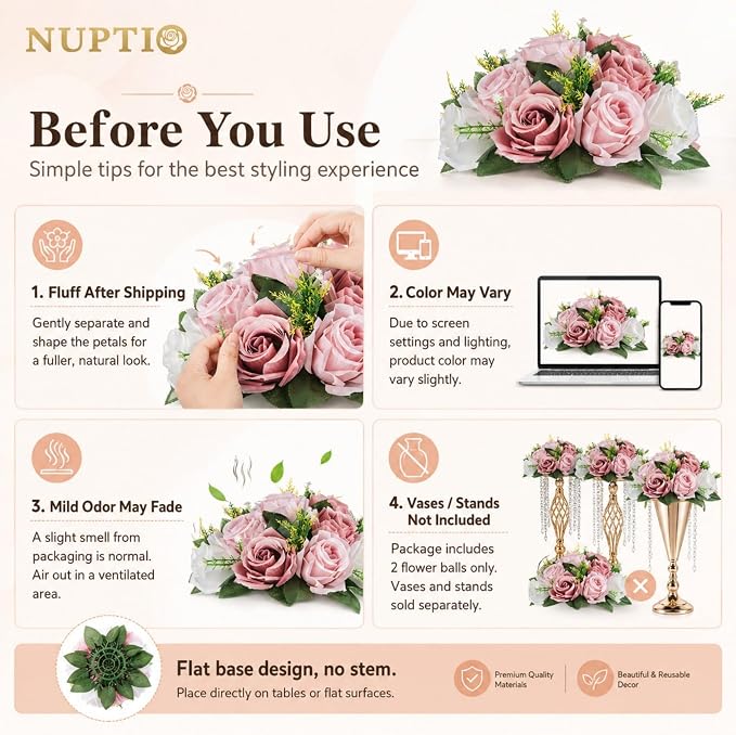 NUPTIO Flower Balls for Table Centerpieces: Dusty Pink & White Fake Flowers | 10 Pcs 9.5 inch Diameter, Artificial Rose Bouquet Arrangements, for Wedding, Birthday Party, Bridal Shower Decorations