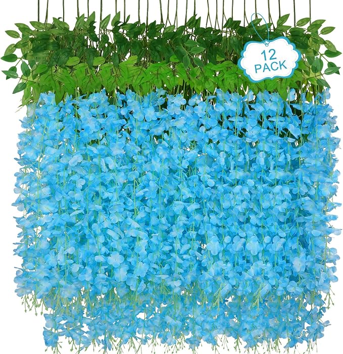 12Pcs Artificial Wisteria Hanging Flowers, 3.6Ft/Pcs Blue Fake Wisteria Garland for Wedding Party Home Garden Indoor Outdoor Decoration