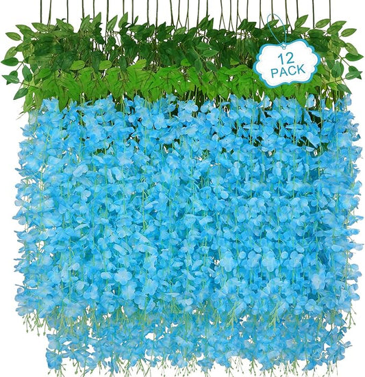 12Pcs Artificial Wisteria Hanging Flowers, 3.6Ft/Pcs Blue Fake Wisteria Garland for Wedding Party Home Garden Indoor Outdoor Decoration
