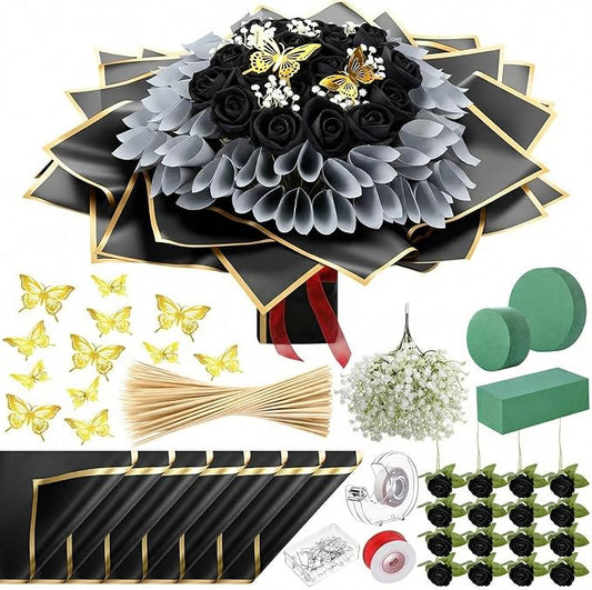 Marspark Graduation Money Bouquet Flower Kit Gift Included 20 Sheet Flower Wrapping Paper 36 Fake Flowers 100 Bamboo Skewer Floral Foam Block for Mother's Day Anniversary Wedding(Black,Classic)