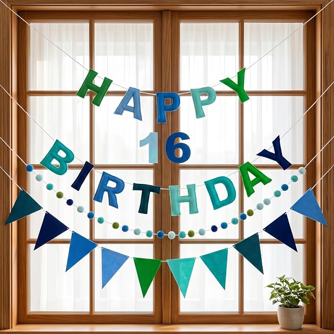 Pre-Strung Felt Happy Birthday Banner Decorations for Women Men | 3D Blue Birthday Party Decorations Sign with Replaceable Numbers 0-9,Multicolor Felt Ball & Triangle Flags Garland (Blue)