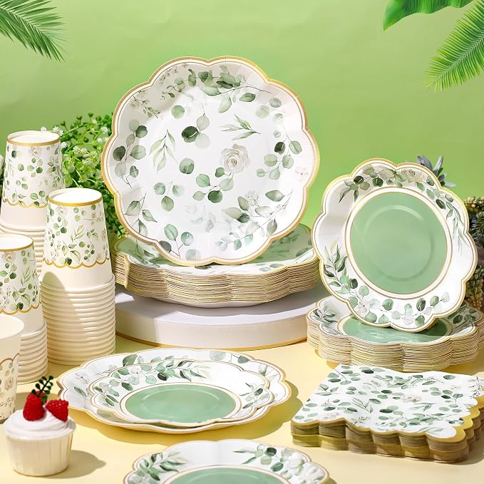 Funnymoom 250 Pcs Sage Green Color Party Decorations Eucalyptus Greenery Plates Cups and Napkins Paper Baby Shower Bridal Shower Party Tableware Set for Wedding Birthday Jungle Decorations, Serves 50