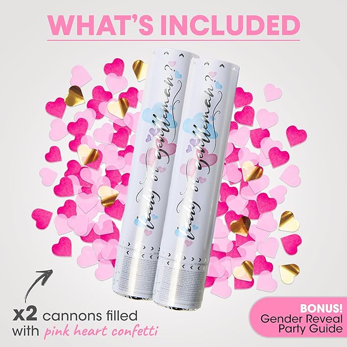 PrimePure Gender Reveal Confetti Cannon - Heart Shaped Confetti Poppers - Pink, 2 Pack - Baby Girl Gender Reveal Party Poppers - Pink Paper Baby Party Supplies Pop Gun