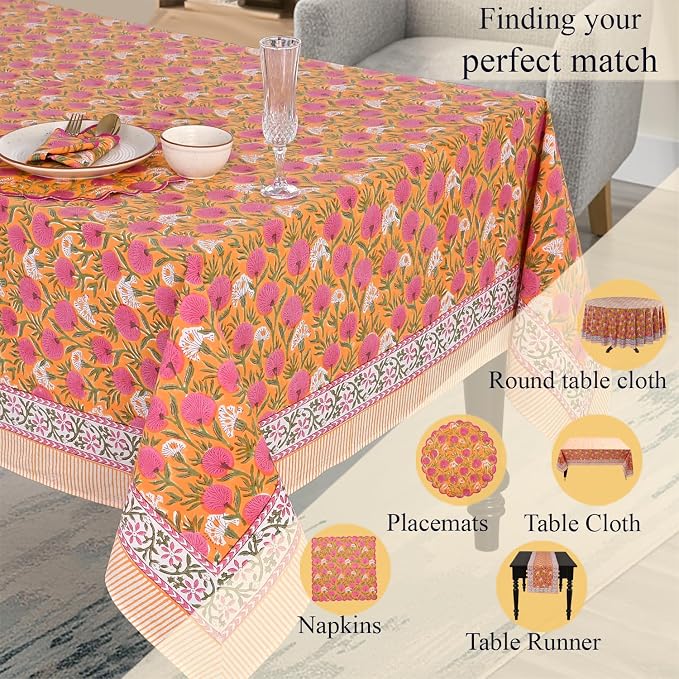 Ridhi Bubblegum Pink Hand Block Print Cotton Rectangle Tablecloth 120" x 80" inches Reusable Table Cover Decorative Everyday Use for Dining Room, Farmhouse, Home Gift for Spring, Mother's Day
