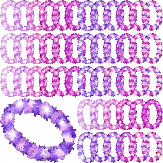 Sherr 48 Pcs LED Hawaiian Leis Light up Flower Leis Necklace with LED Lights Luau Flowers Necklaces for Masquerade Beach Wedding Tropical Themed Party Supplies(Various Purples)