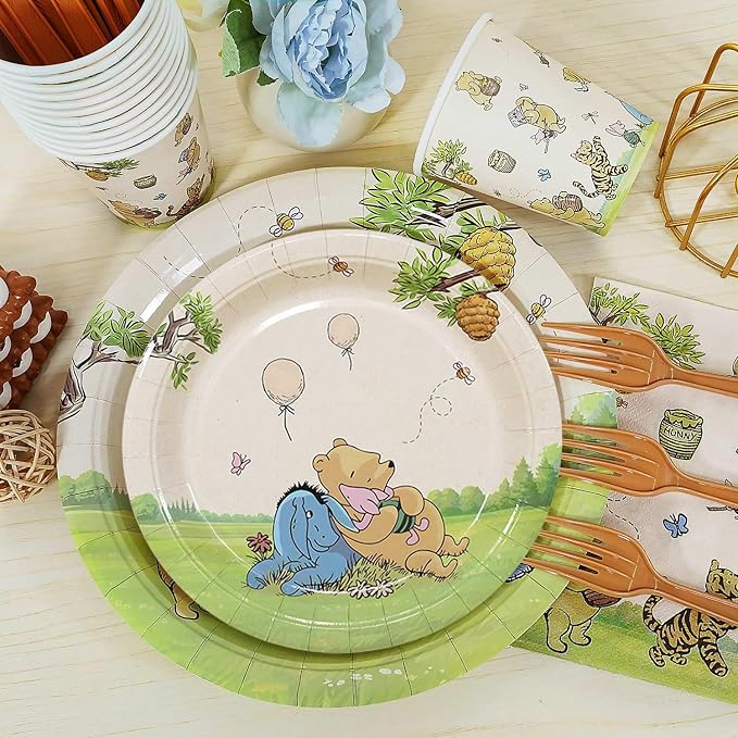 192pcs Winnie Birthday Decorations, Vintage Winnie Bear Plates Napkins Cups Forks Tablecloth Balloons Banner Hanging Swirls Cupcake Toppers for Boy Girl Party Supplies 25 Guests