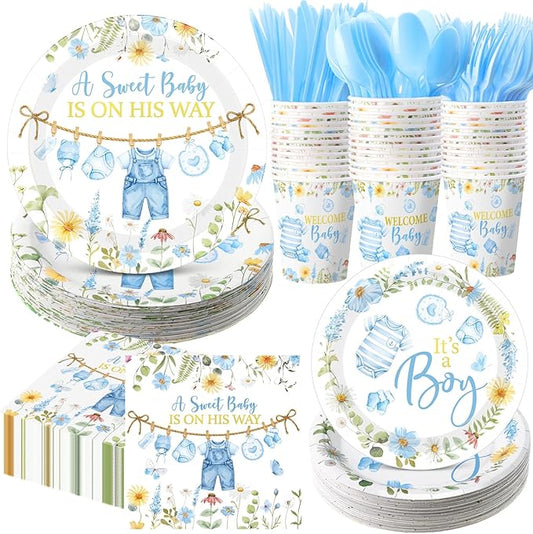 400 Pcs Blue Wildflower Boy Baby Shower Party Decoration for 50, a Sweet Baby Is on His Way Floral Paper Plates Napkins and Cups Cutlery Tableware Set for Boy Shower Party Supplies