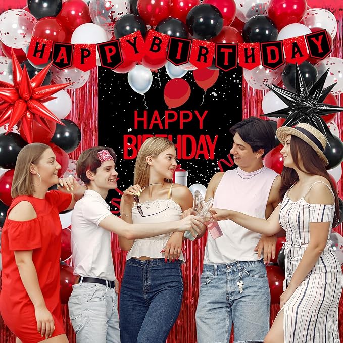 Red and Black Birthday Decorations for Men Women, Red Party Decorations for Boys Girls Happy Birthday Decorations Door Banner, Tablecloth Foil Backdrop Star Balloons for Men Bday Party Supplies