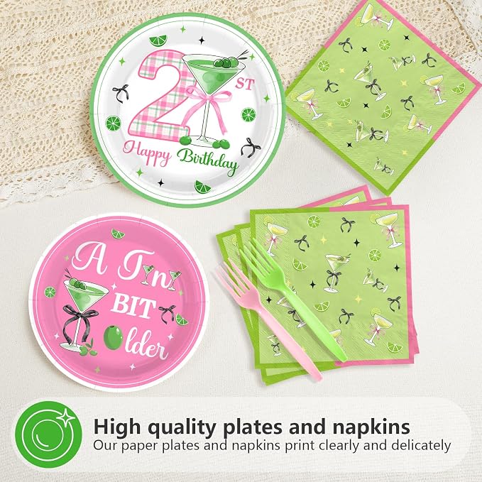 96Pcs Matini 21st Birthday Party Decorations, Serves 24 | A Tini Bit Older Plates and Napkins Pink Green Tableware Set for 21 Years Old Women Girls Birthday Martini Party Supplies