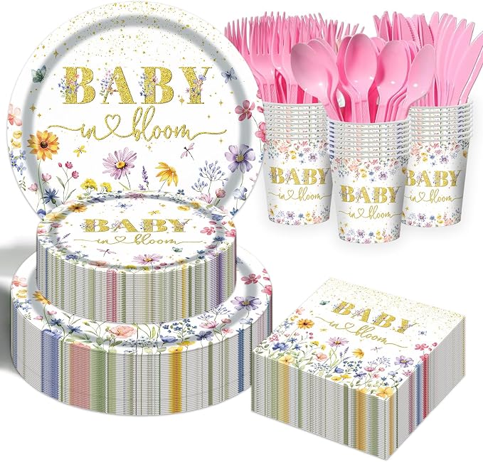 Wildflower Plates and Napkins Party Supplies - 350PCS Spring Floral Paper Plates Baby Shower Birthday Decorations Disposable Tableware Sets for Spring Summer Picnic Wedding Tea Party, Serve 50 Guests