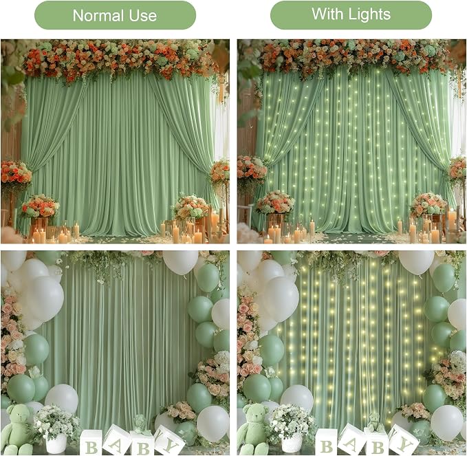 20x10FT Sage Green Backdrop Curtains with Lights for Parties,Wrinkle Free Wedding Photo Backdrop Curtains for Baby Shower Birthday Ceremony Reception Home Party Decorations-5ft x 10ft,4 Panels